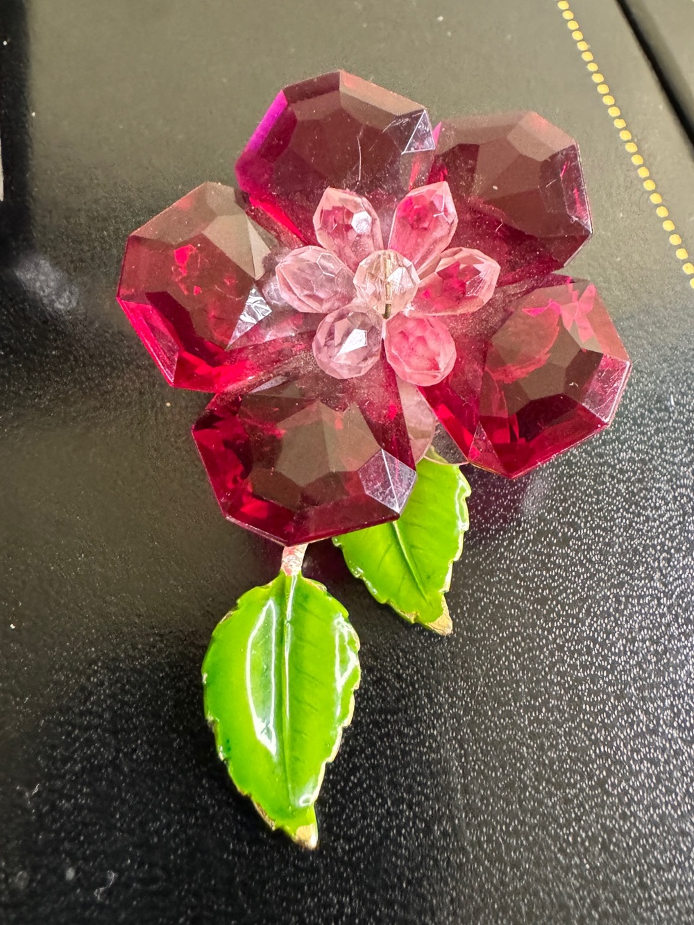 West Germany Vintage Crystal Floral Brooch with Enamel Leaves